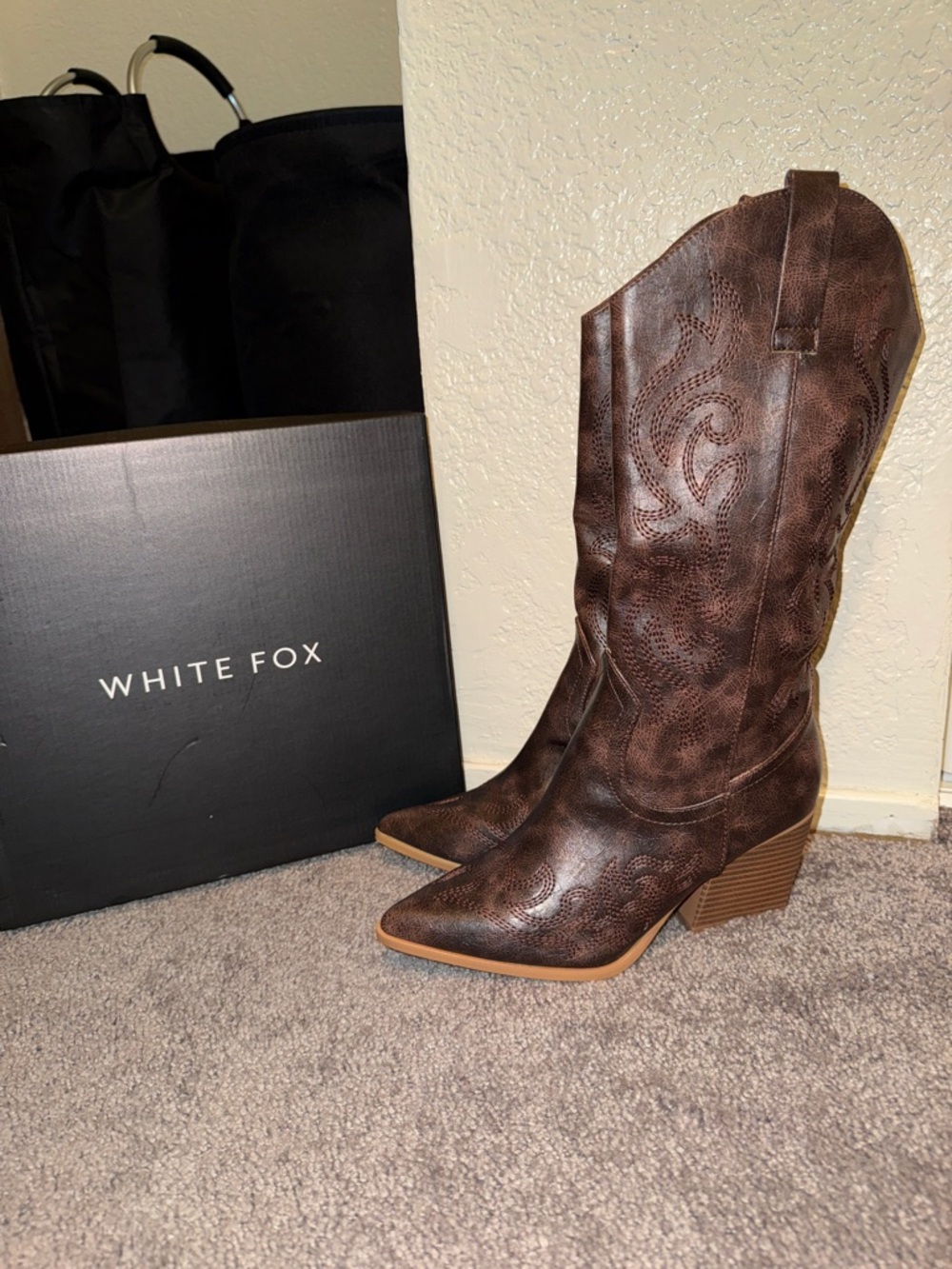 White Fox Boutique Brown Embossed Western Mid-Calf Heeled Boots